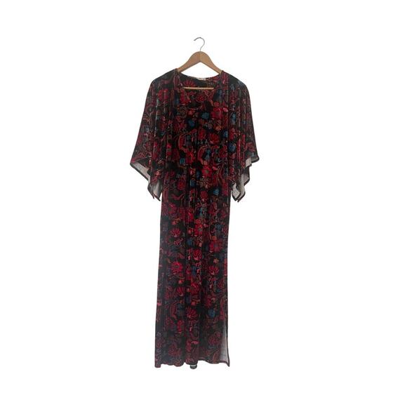 Natori Floral Scroll Print Velvet Kaftan Kimono Nightgown Lounge Maxi Dress - Picture 2 of 6